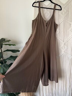 La Lou Linen Like Cotton Oregano Brown Wide-Leg Jumpsuit with Button Front OS